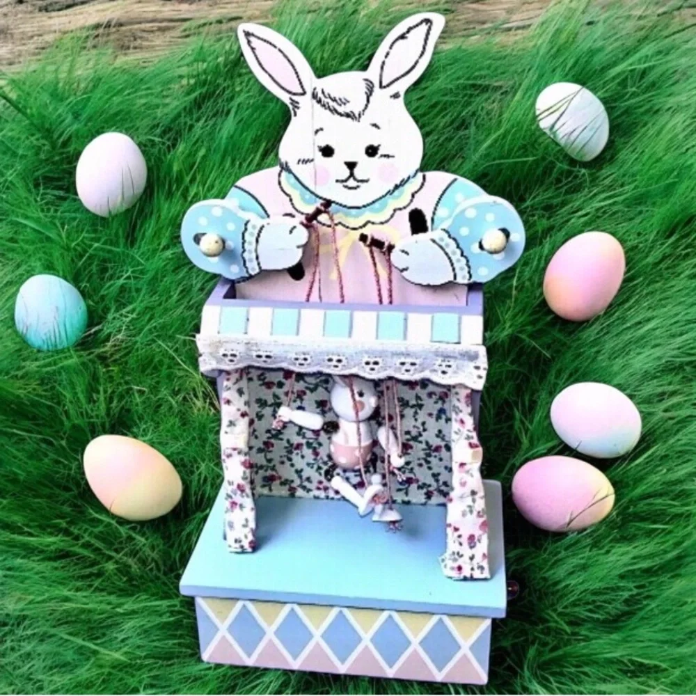 EASTER Enesco Vintage '86 Wood Music Box Bunny Rabbit PUPPET ON A STRING Moves
